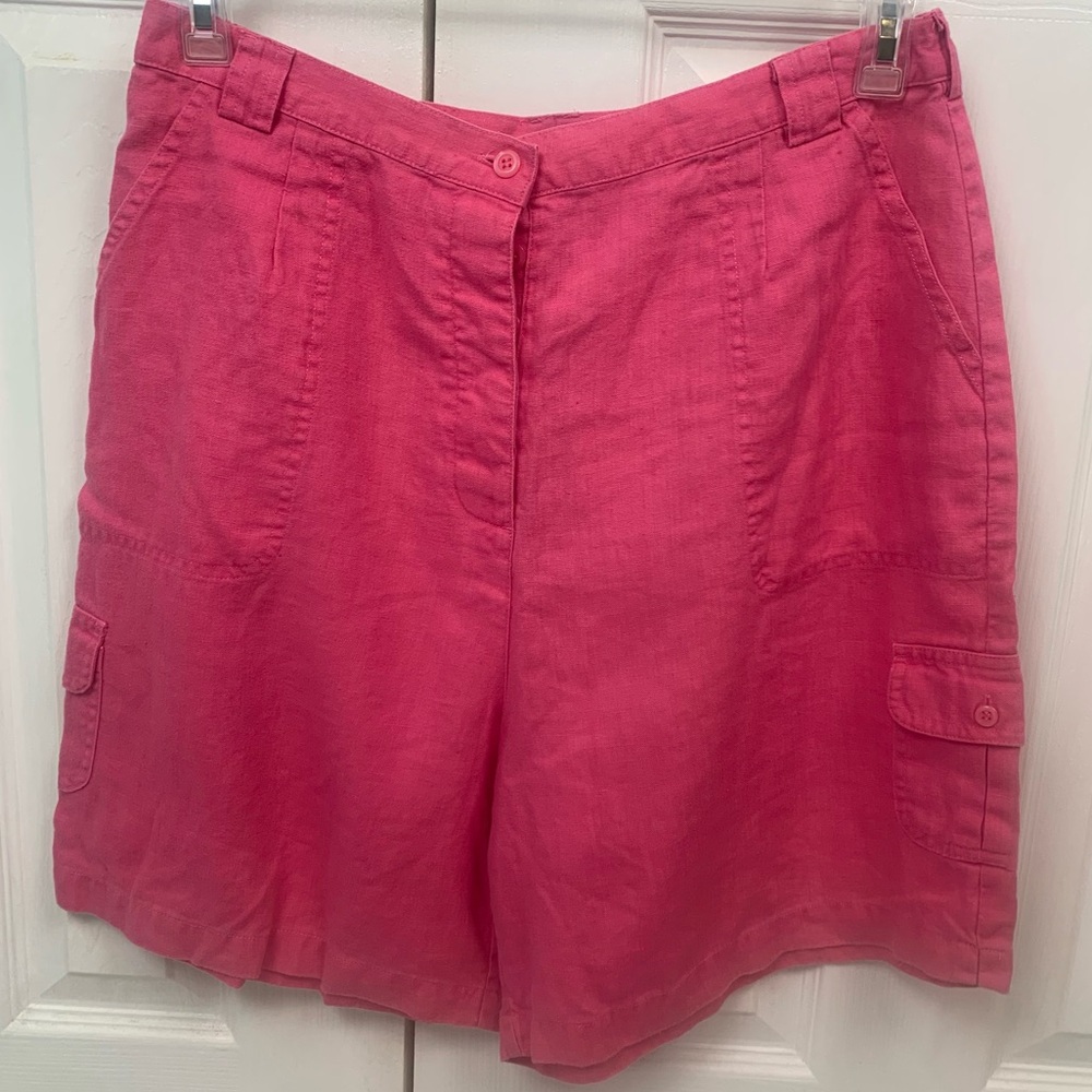 Real Comfort Hot Pink Linen‎ Button Up Shorts cargo pockets casual lightweight